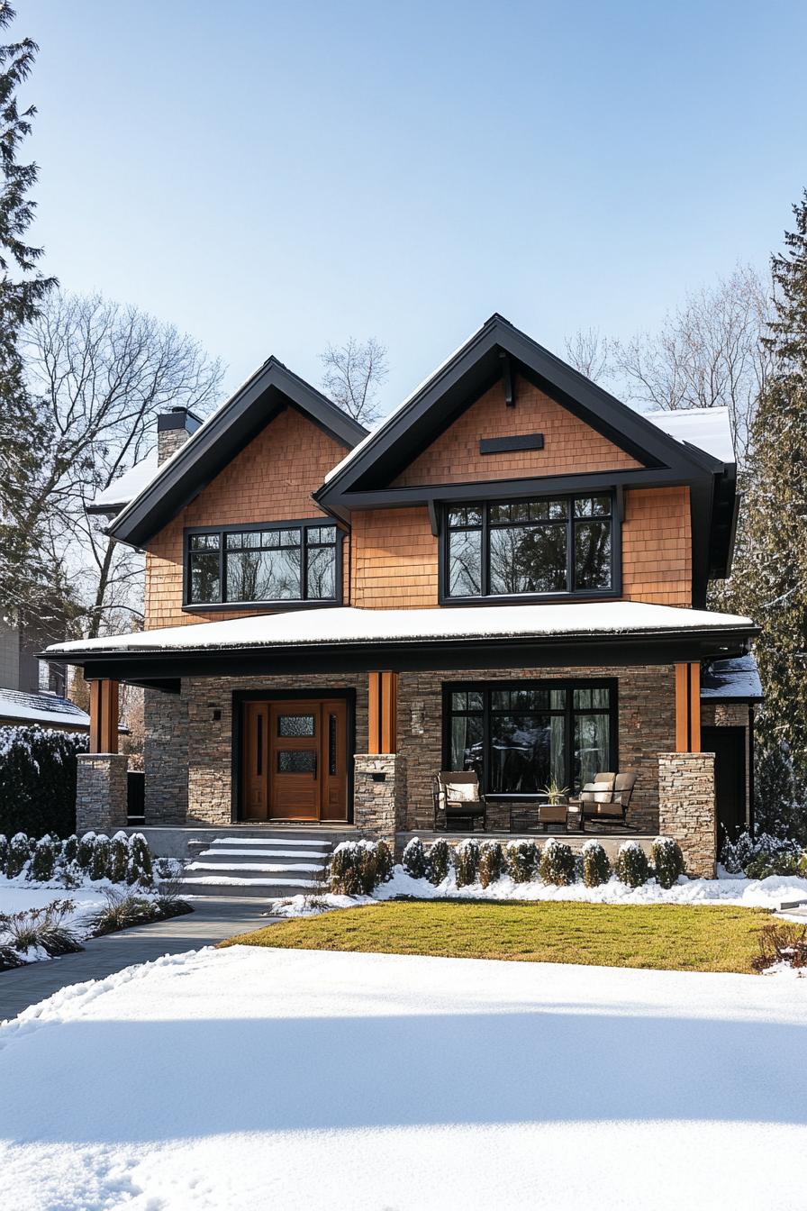 Modern craftsman house with snow on the roof and lawn