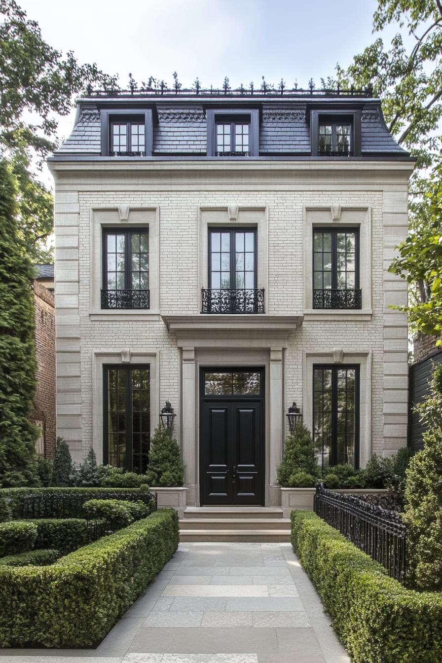 Elegant townhouse with grand entrance and lush greenery