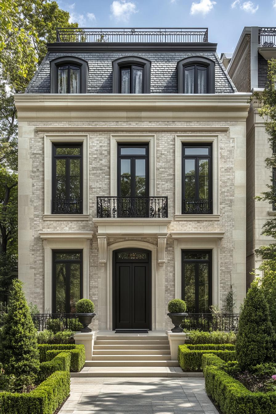 Elegant townhouse with ornate detailing and lush greenery