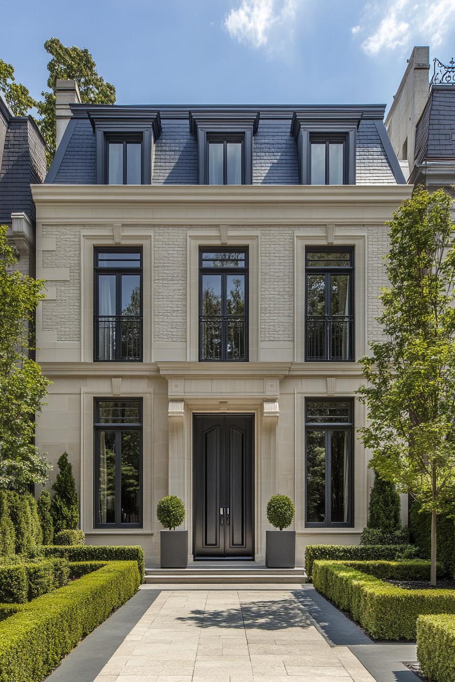 Elegant townhouse with symmetrical design and lush greenery