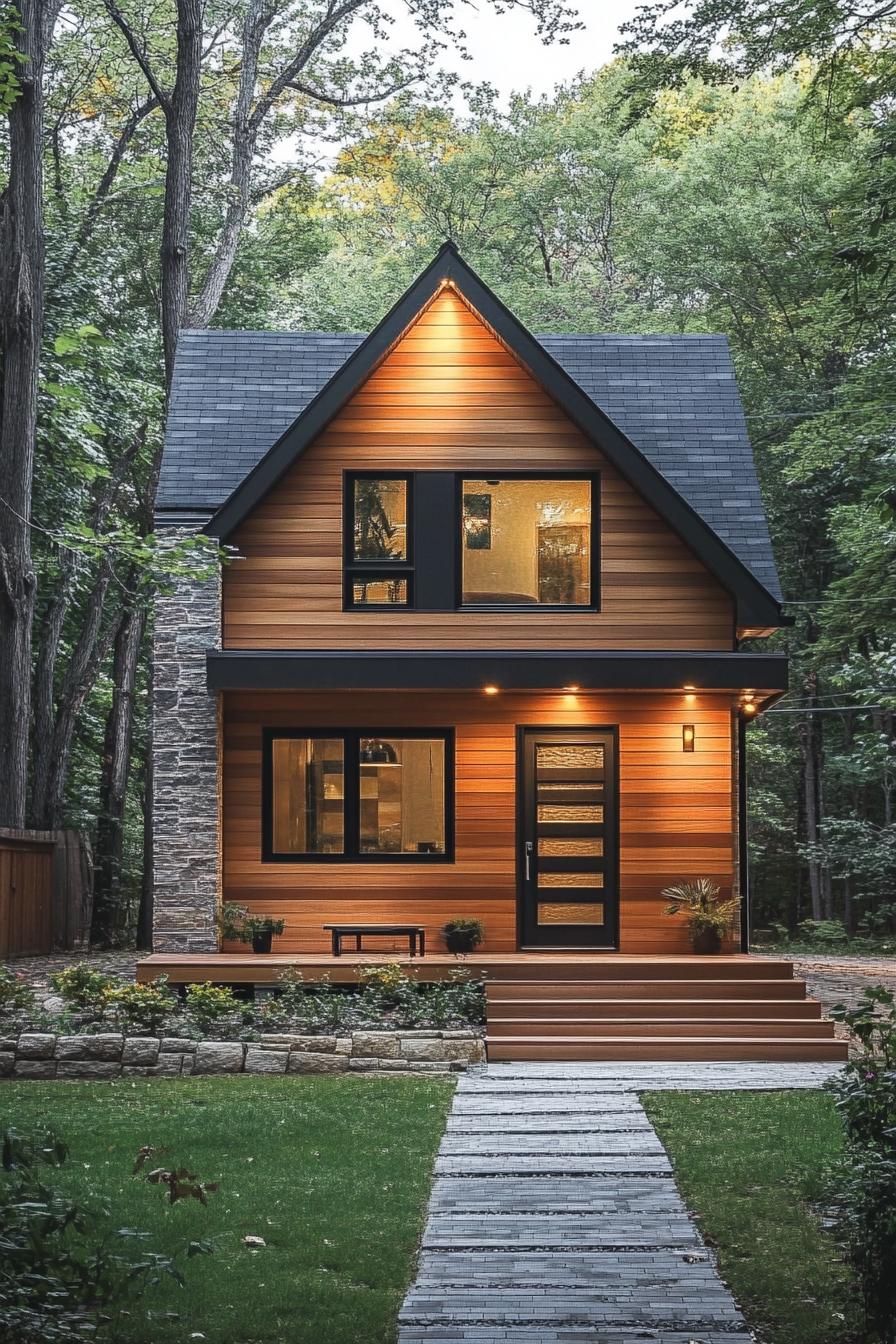 A modern A-frame house with warm lighting surrounded by trees