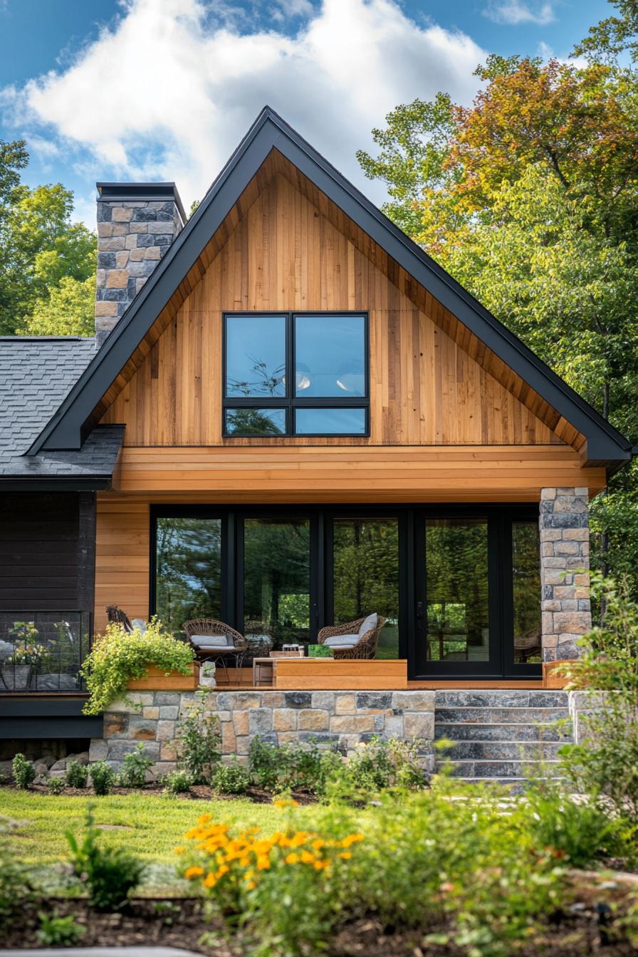 Charming wooden house with a stone chimney and cozy patio