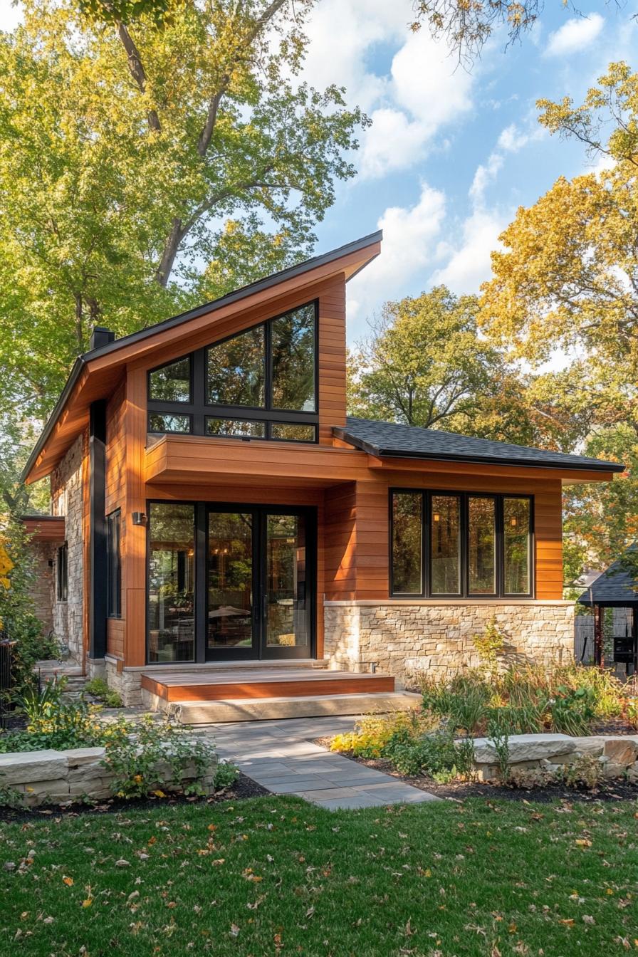 Modern cabin with large windows in a wooded area