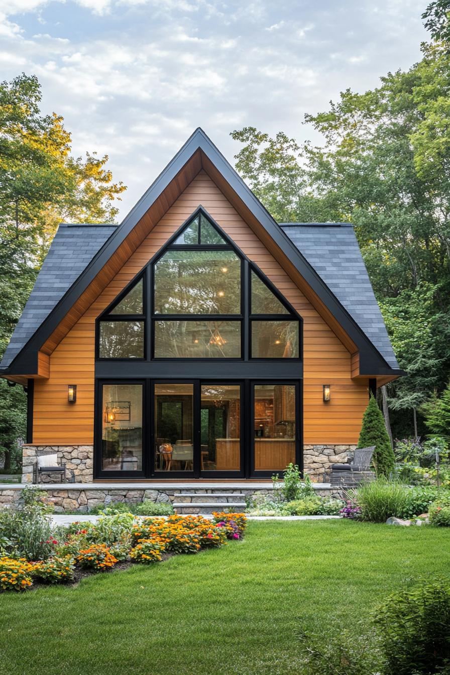 A-Frame cabin with a warm wooden exterior and stone base