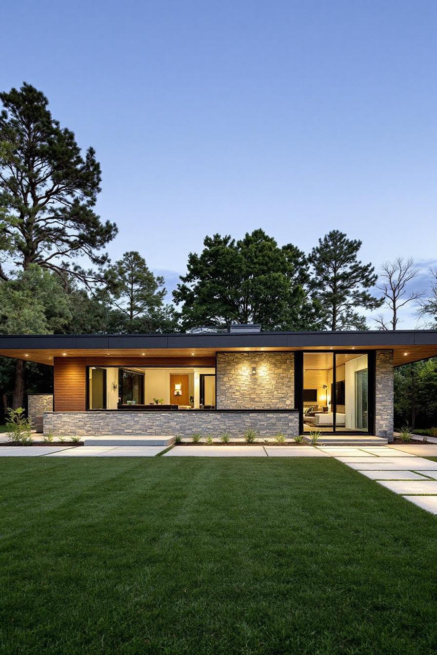 Modern ranch house with a sleek facade and lush yard