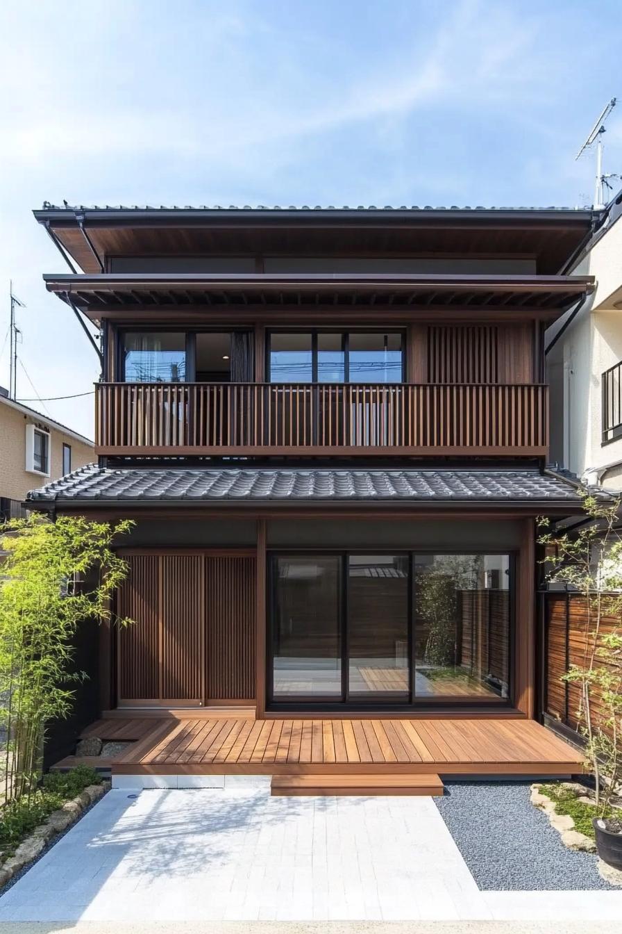 Two-story minimalist Japanese house with wooden accents