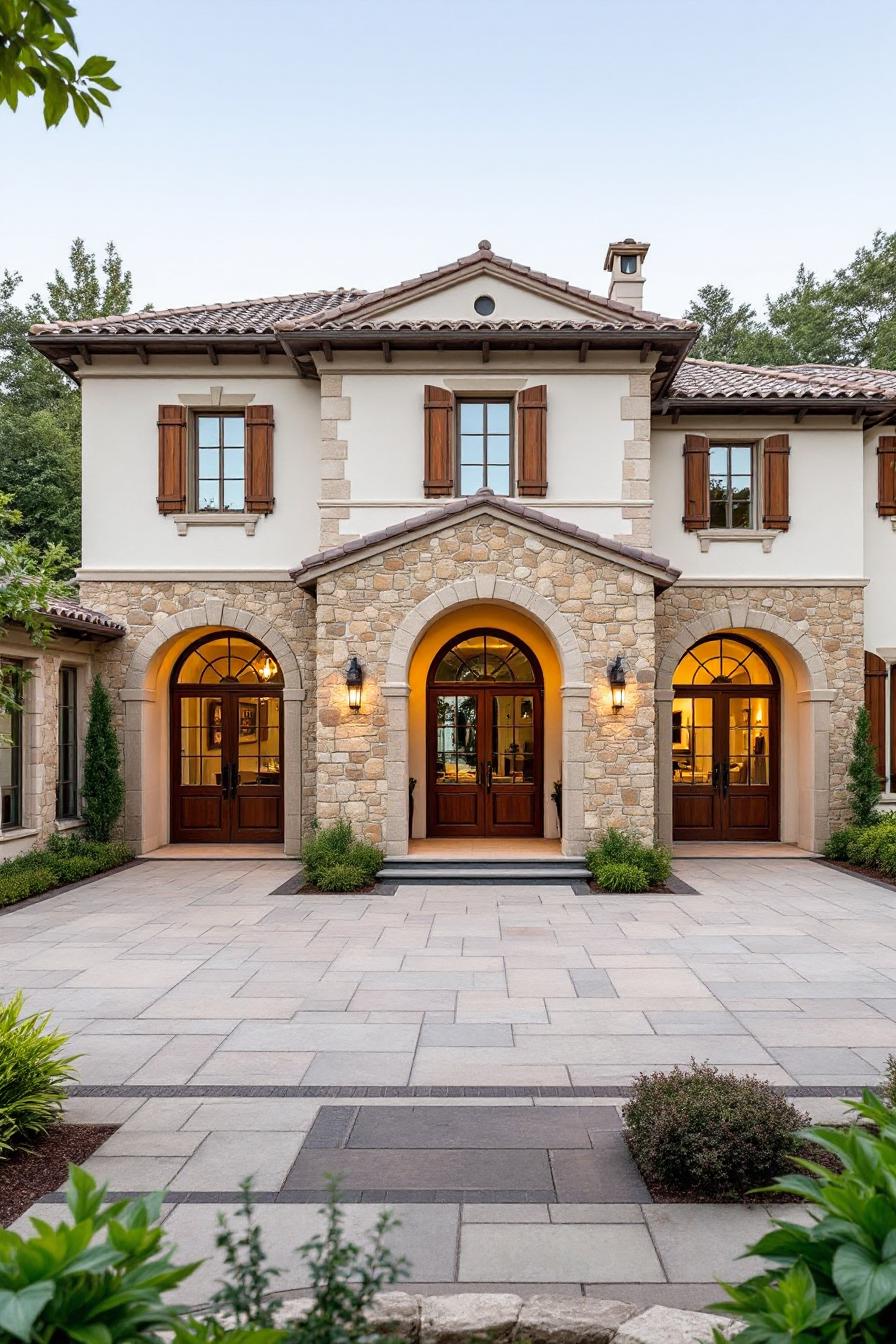 Tuscan villa with arched stone facade and wooden shutters