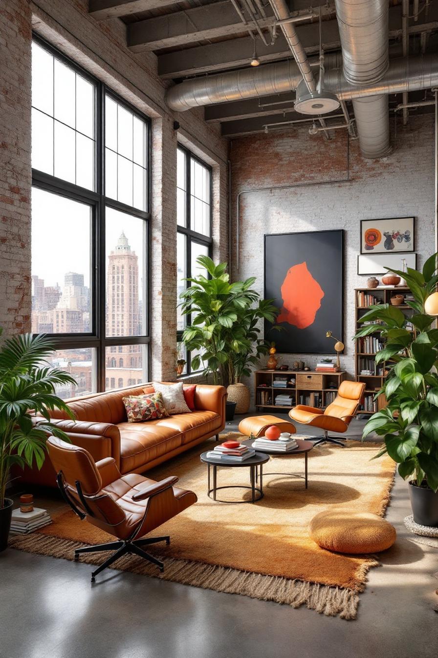 Bright and cozy loft with large windows and plants