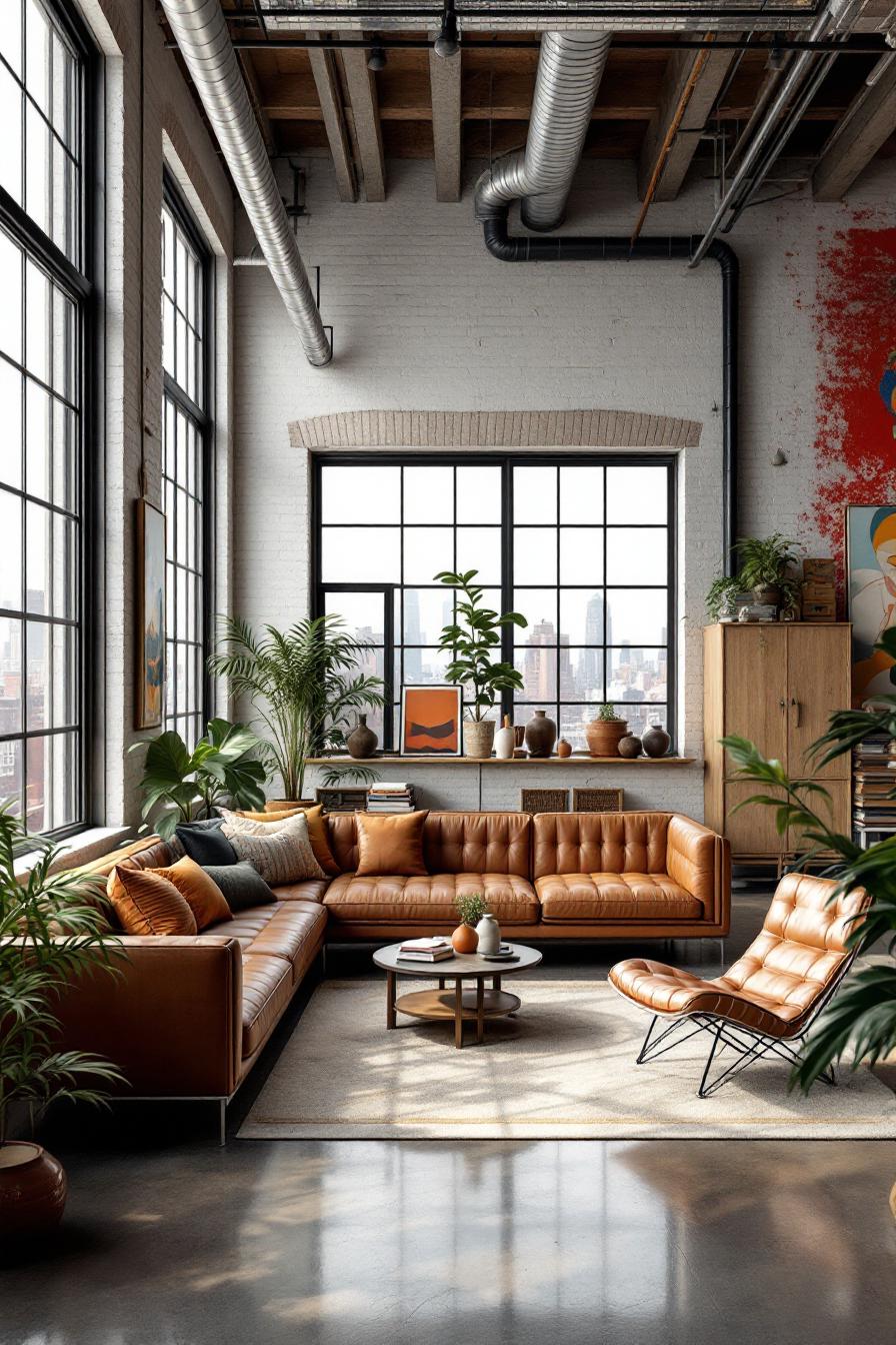 Stylish loft with large windows, exposed pipes, and leather furniture