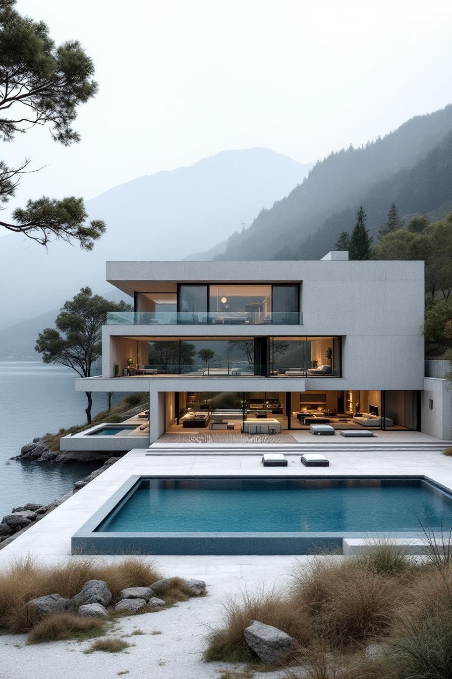 Lakeside concrete mansion with expansive windows