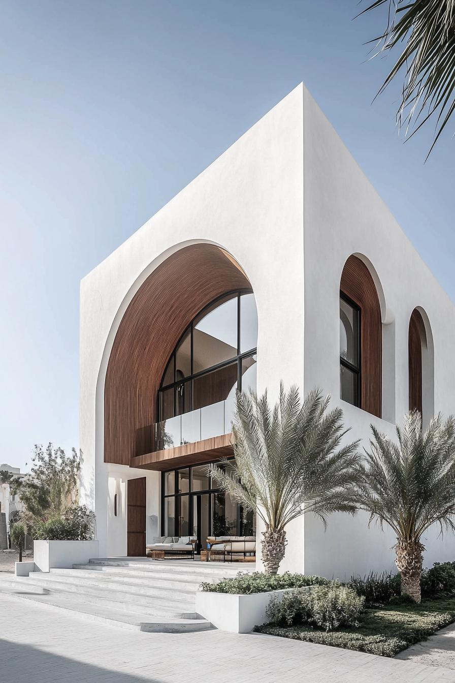 Modern house with large arches and palm trees