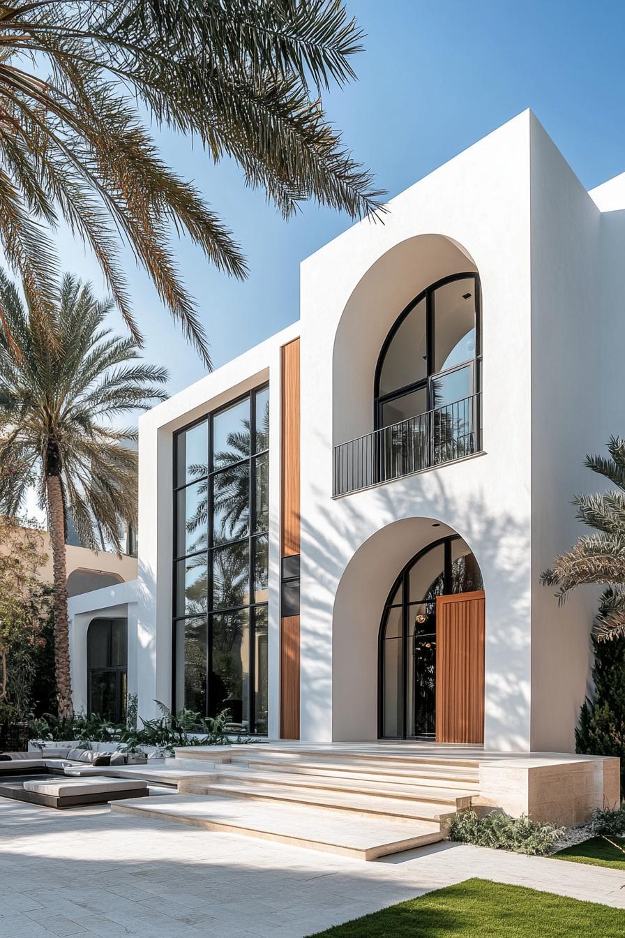 Contemporary house with large arched windows and palms