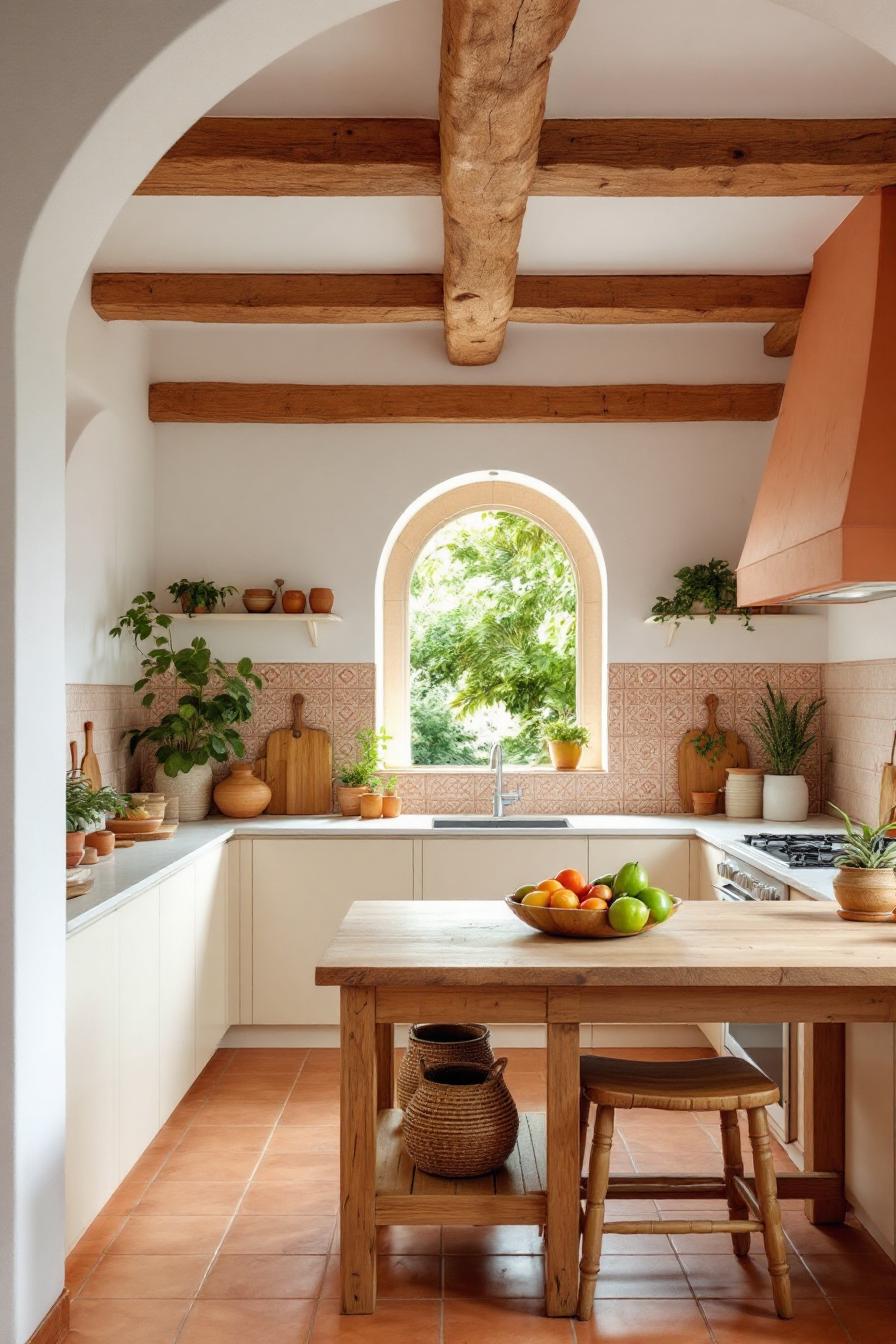 Sunlit kitchen with wooden beams and terracotta tiles