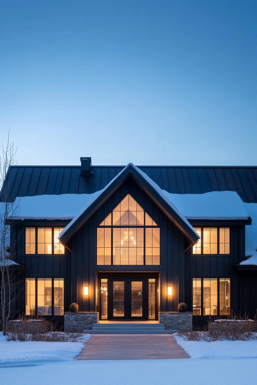 Elegant farmhouse with snowy gable roof