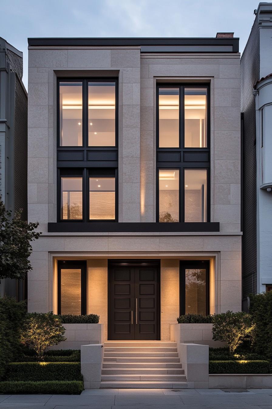 Front view of a stylish modern neoclassical house at dusk