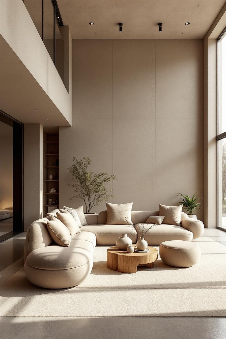 Spacious minimalist living room with beige tones and natural light