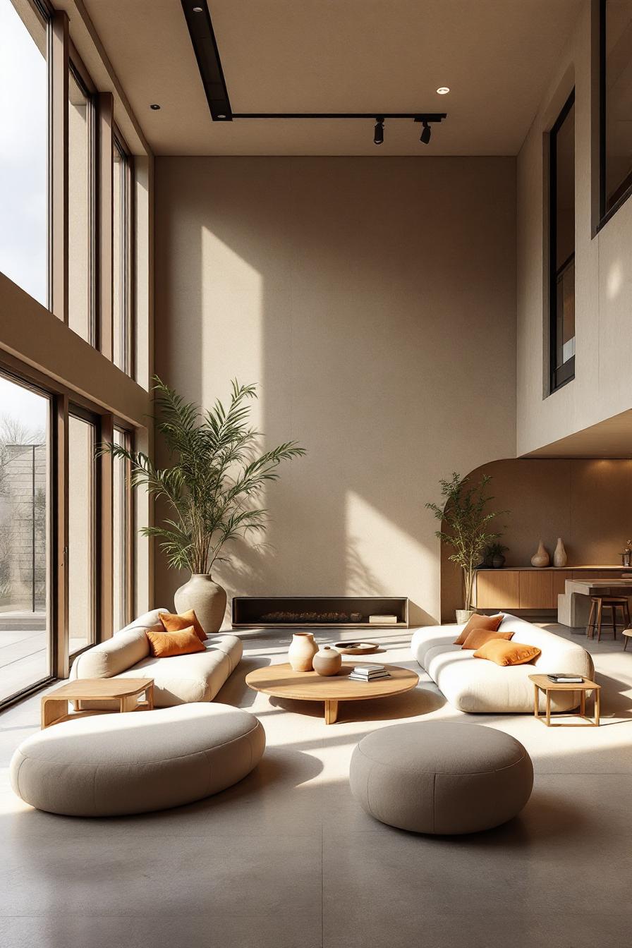 Minimalist living room with natural light and earthy tones