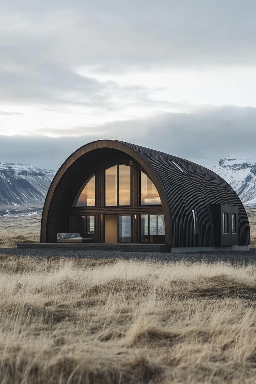 Quonset hut with mountains in the background