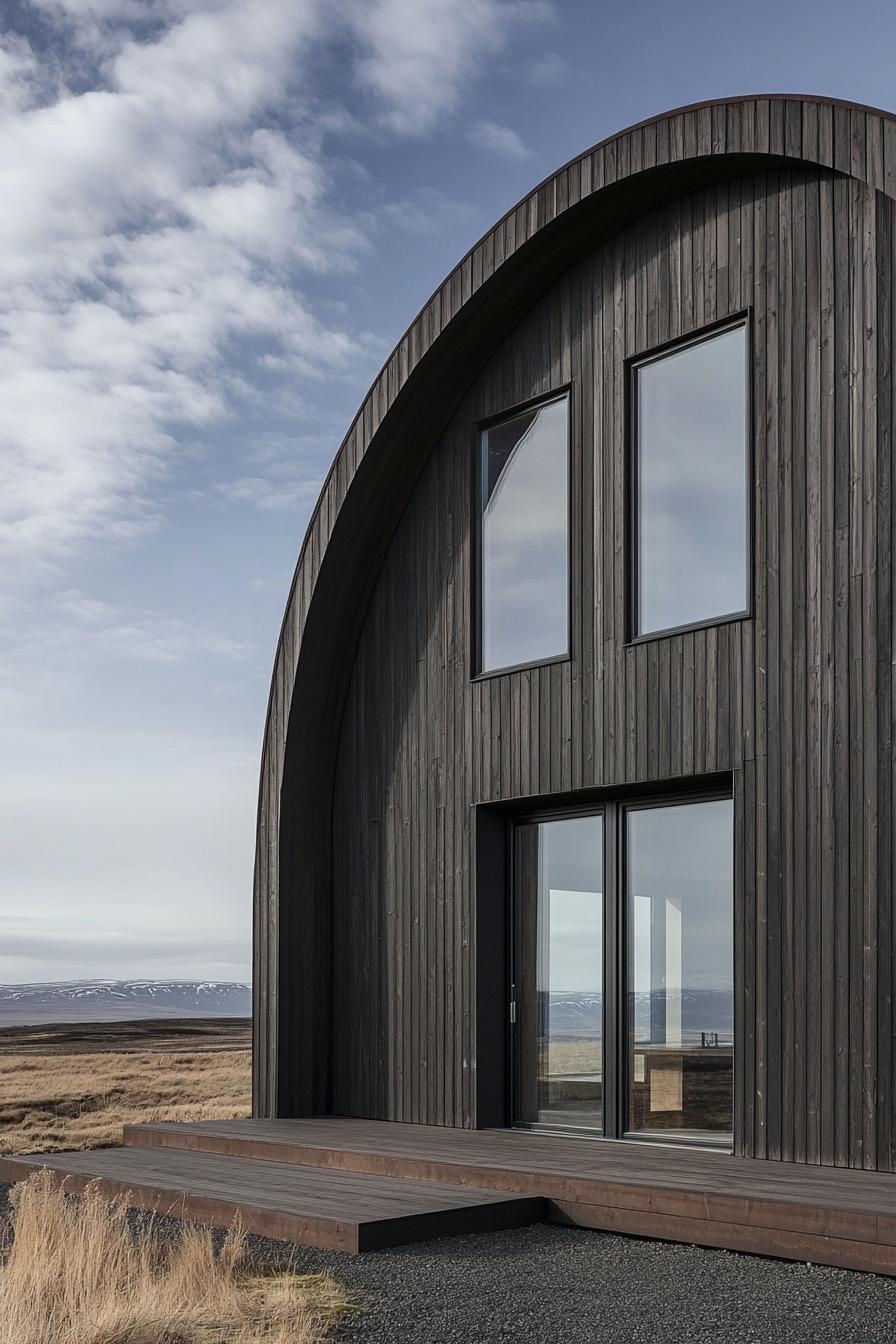 Modern Quonset hut with dark wooden finish