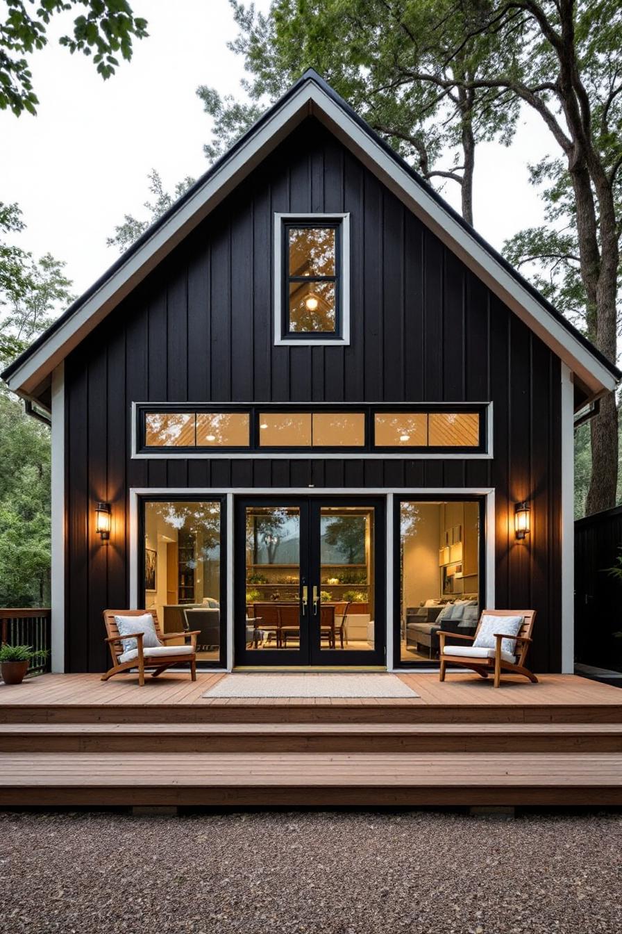 Black A-frame tiny house with wooden deck