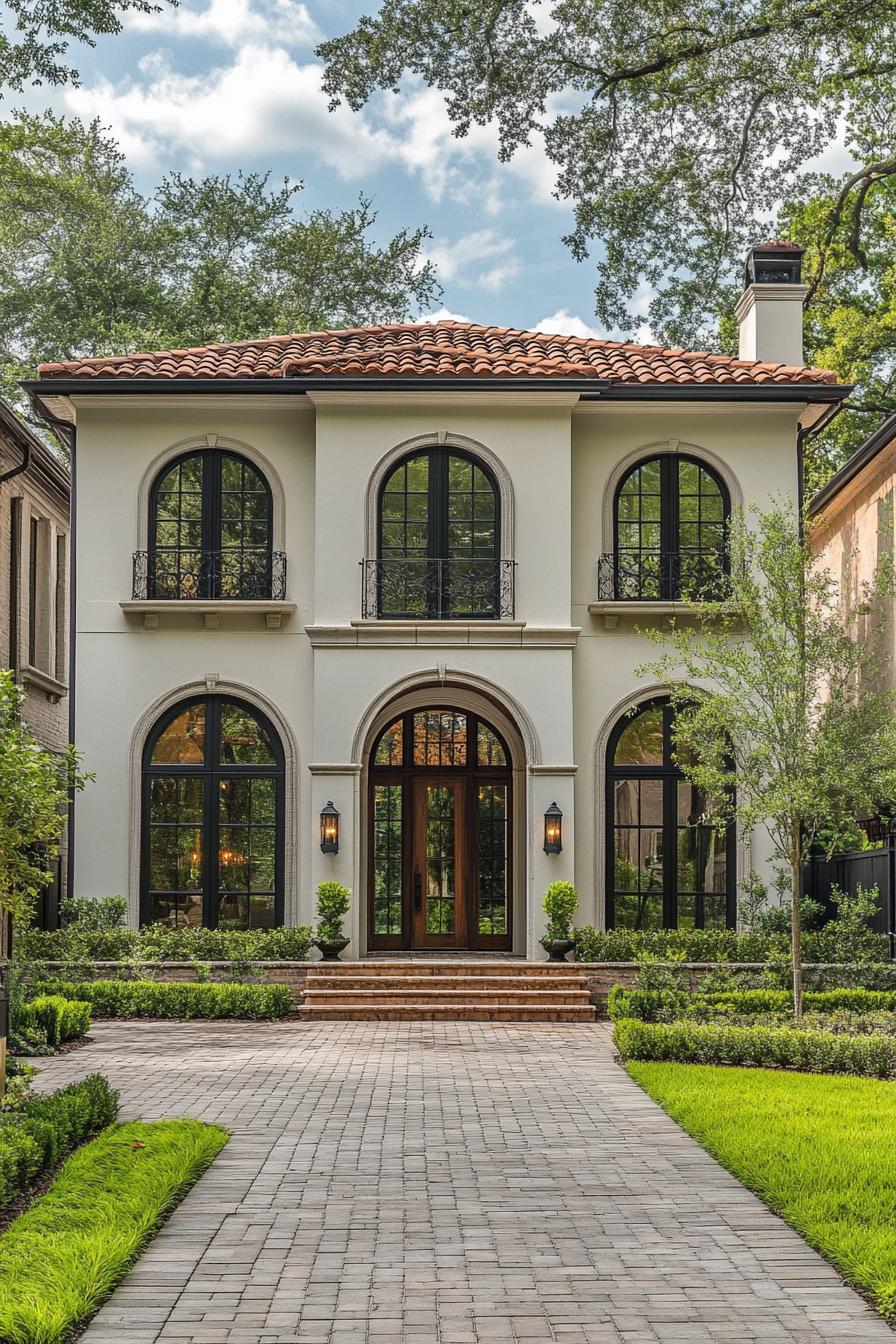 Two-story Tuscan house with arched windows and terracotta roof