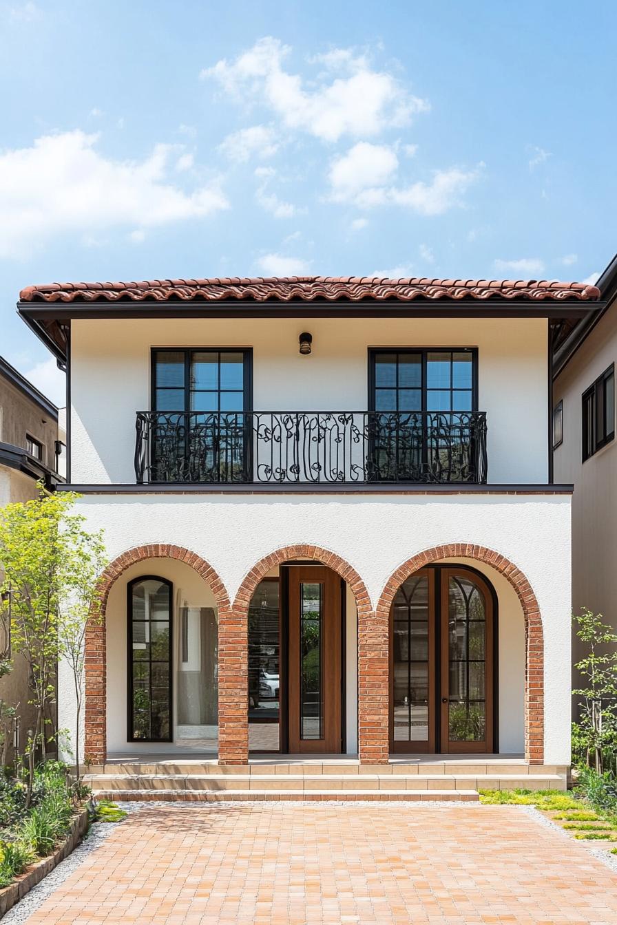 Two-story Tuscan house with arched brick façade and balcony