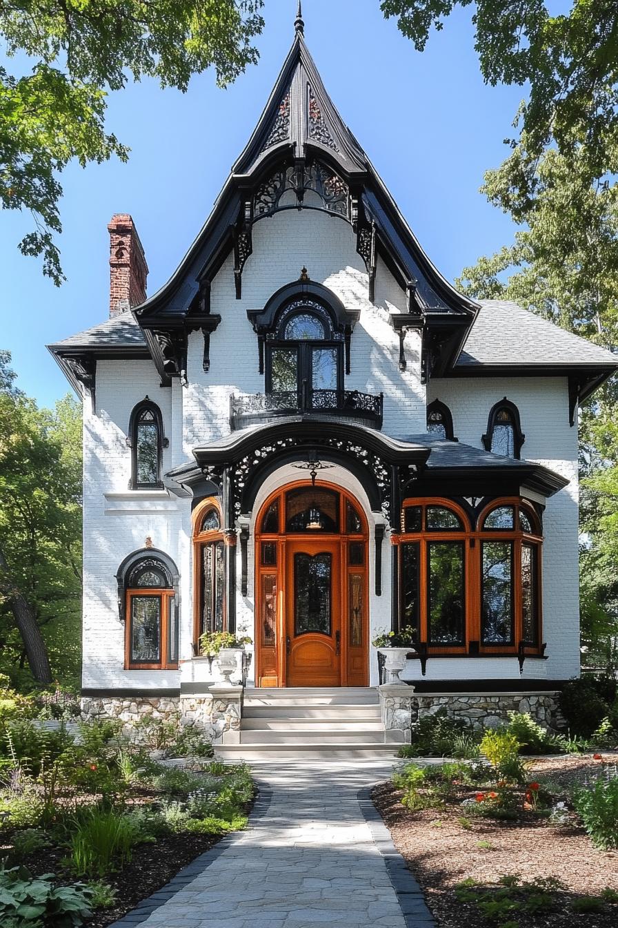 Charming black and white house with a dramatic roof