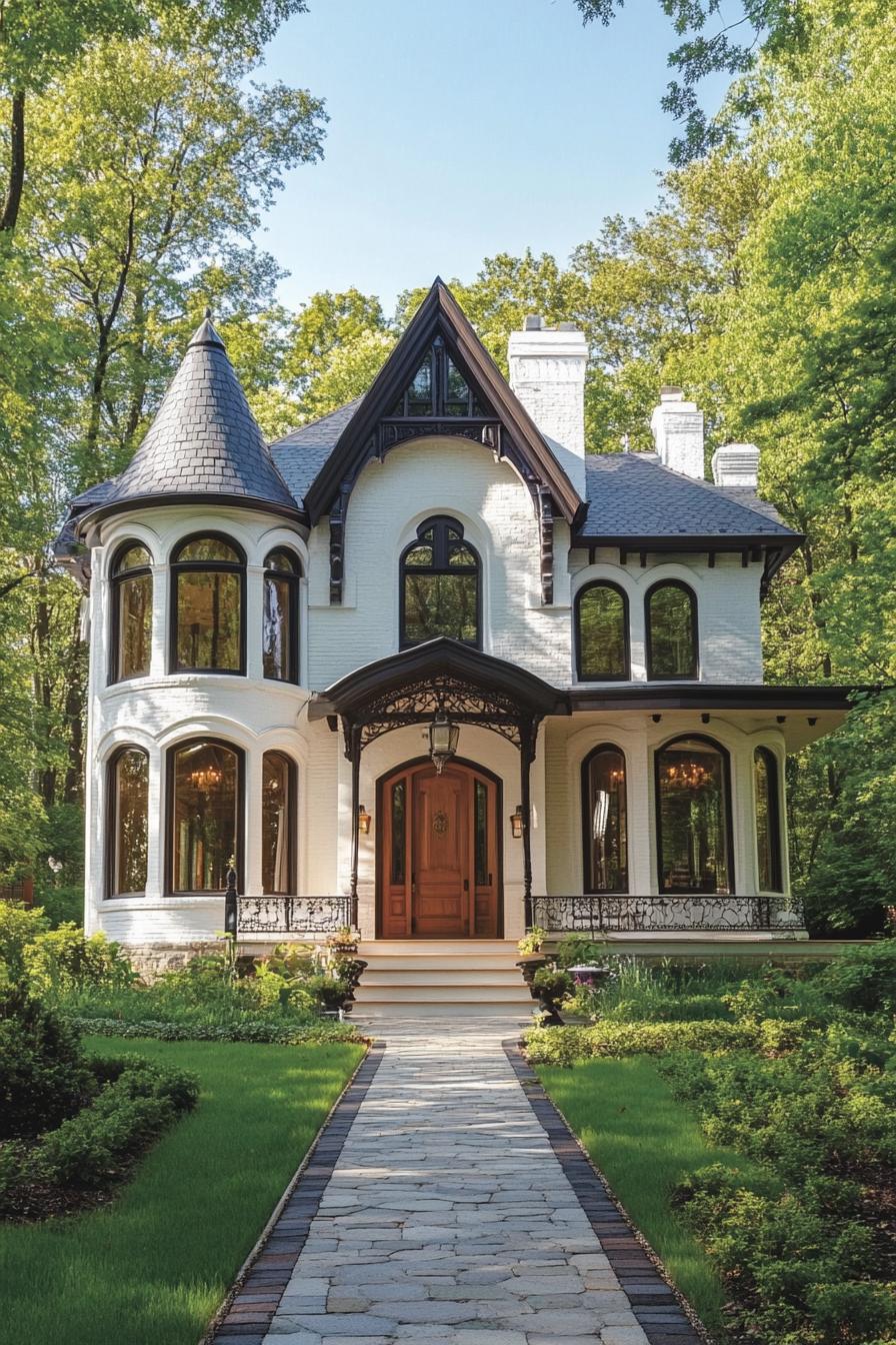 Charming white brick house with a turret and arched windows