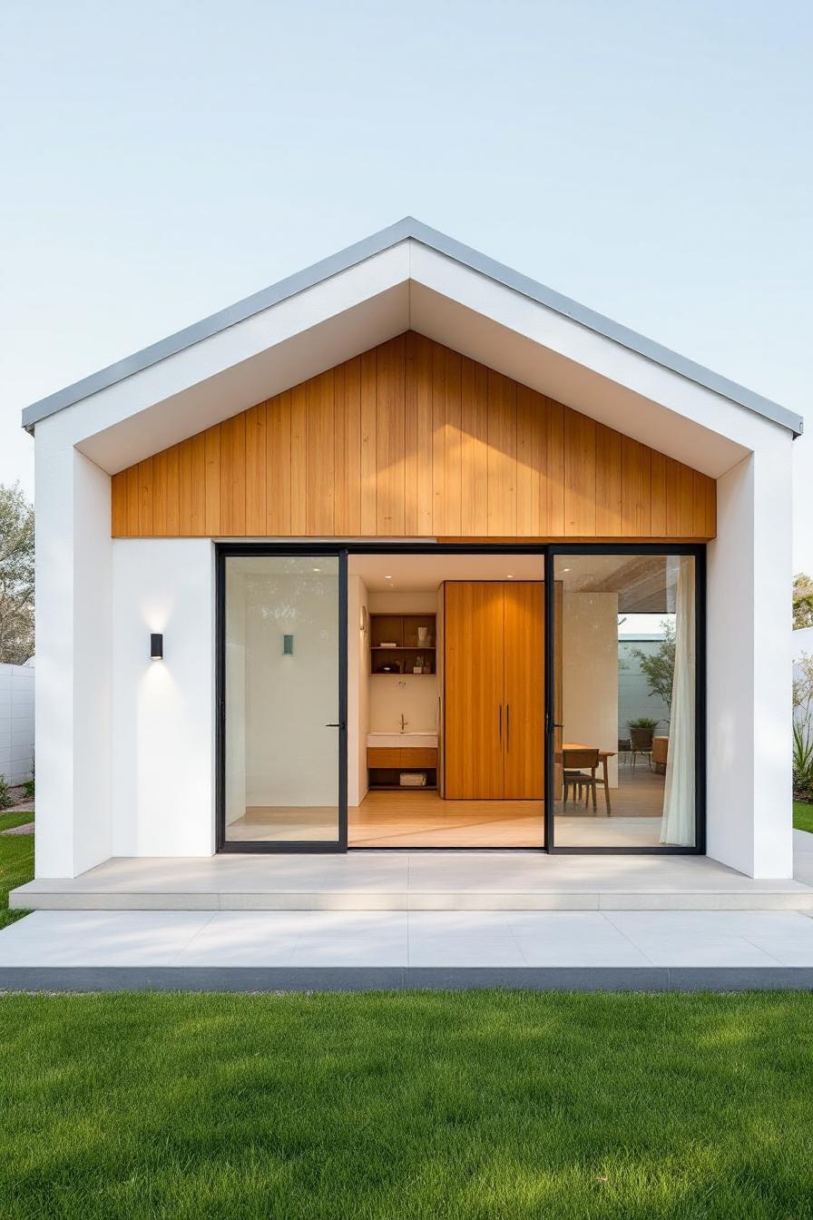 Gabled ranch house with wooden accents and large glass doors