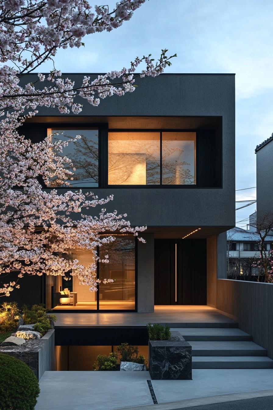 Modern minimalist house with large windows and a cherry blossom tree