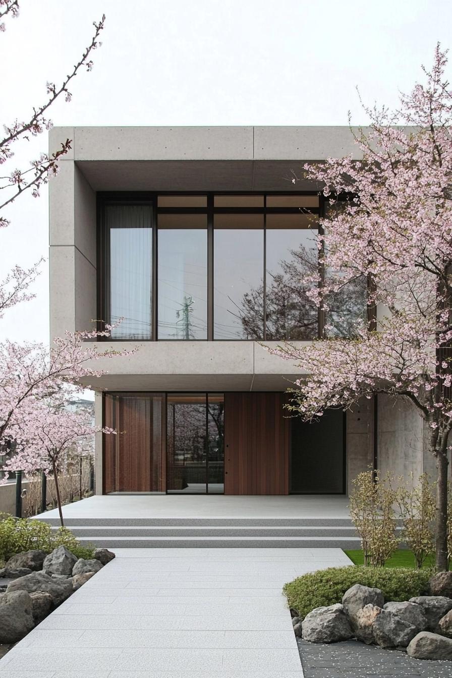 Cherry blossoms framing a modern minimalist house