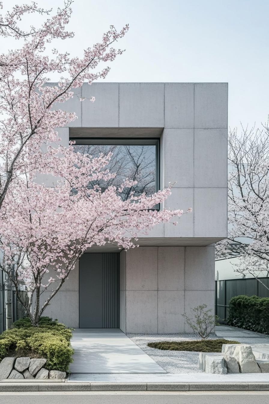 Modern minimalist house with cherry blossoms