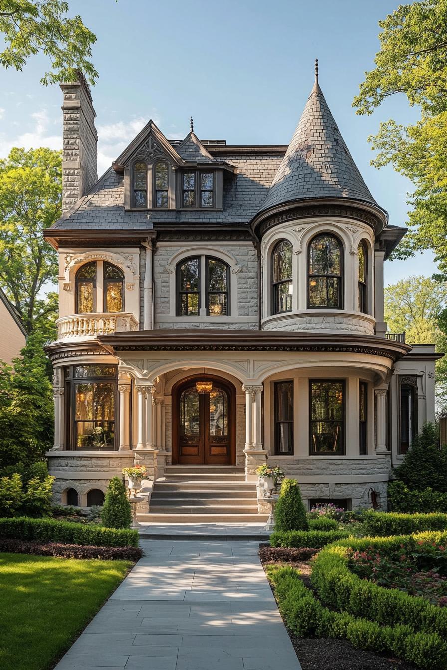 Elegant Victorian house with turret and intricate stonework