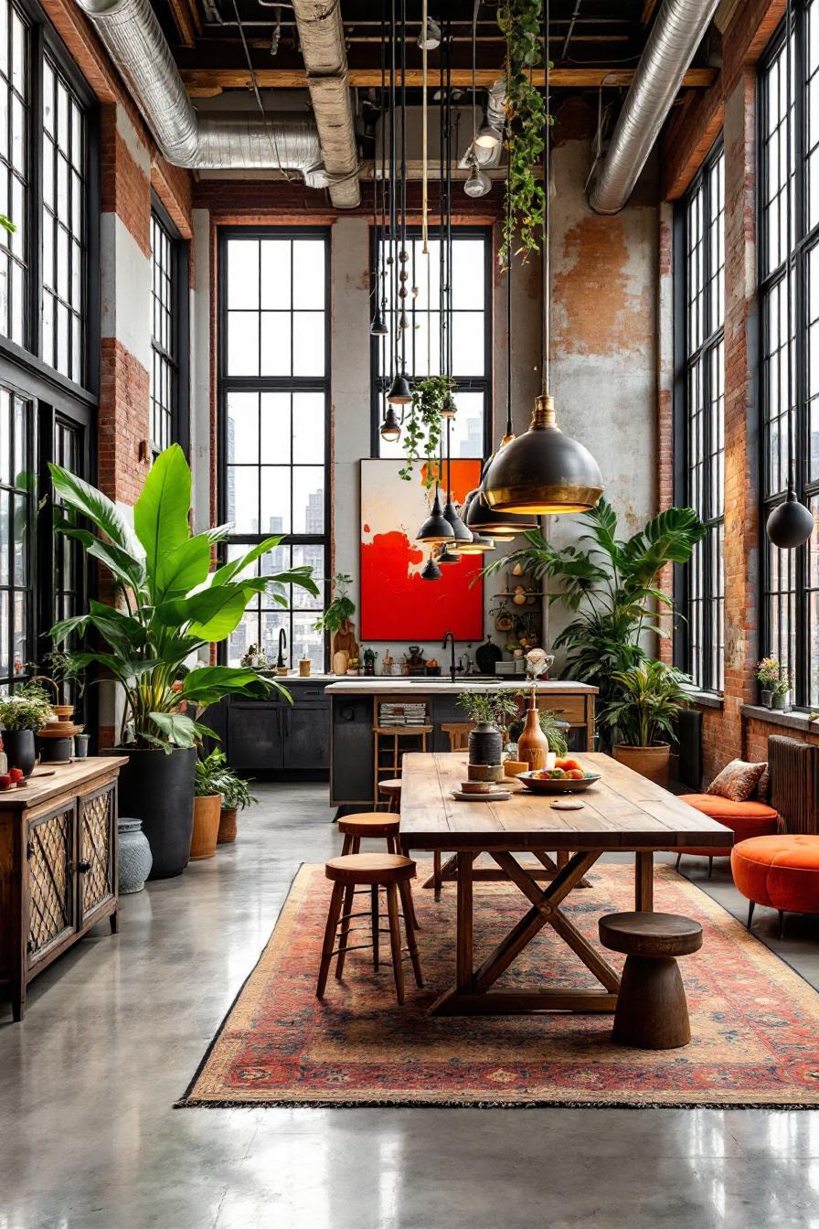 Lush loft with plants and large windows