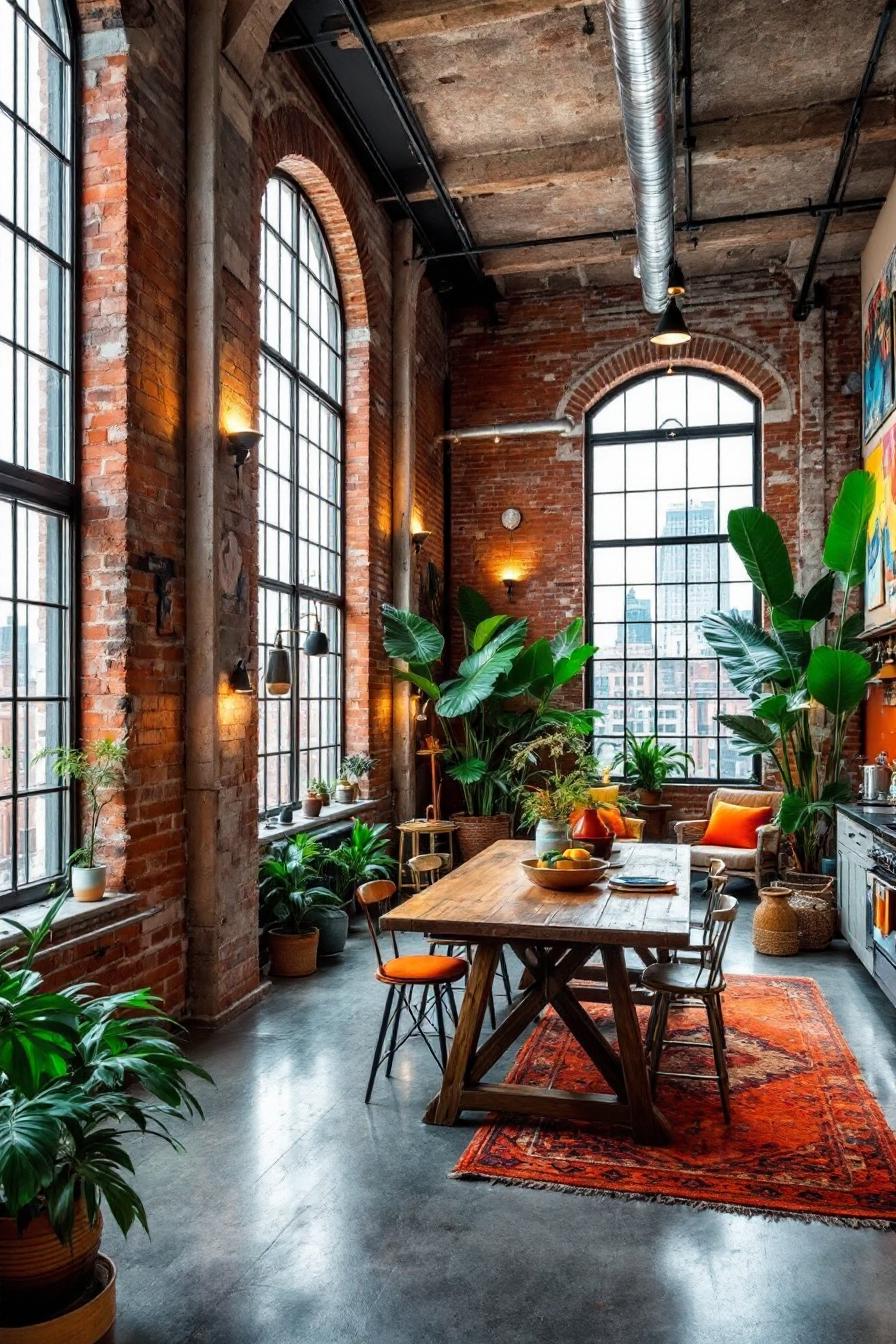 Spacious loft with brick walls and plentiful greenery