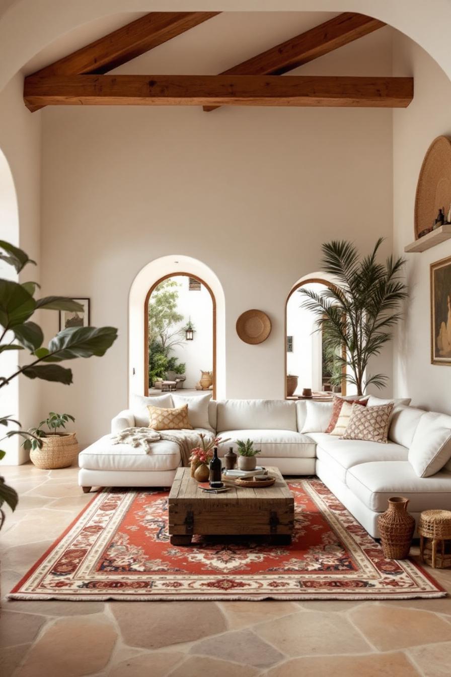 Bright living room with large arched windows and wooden beams