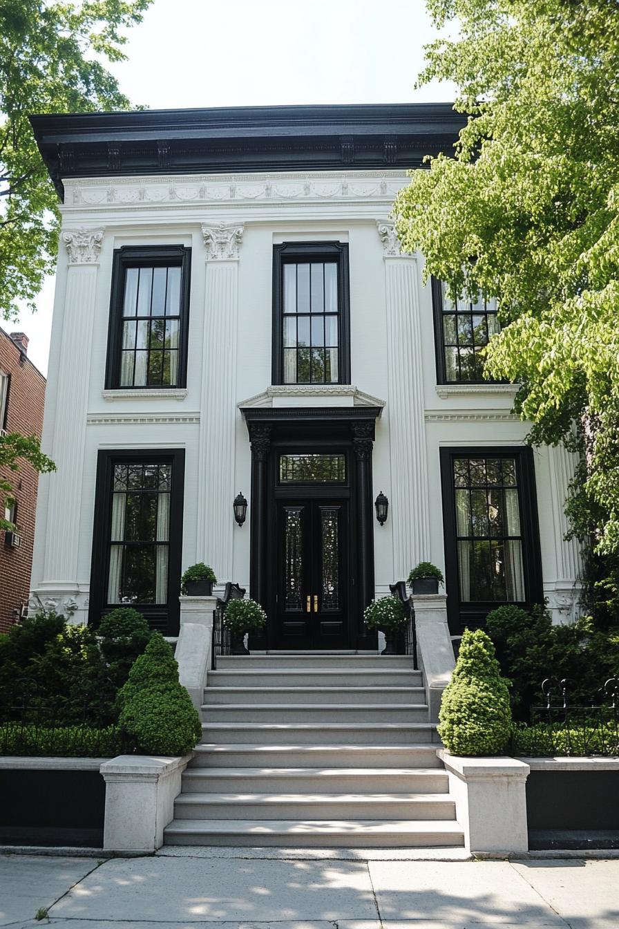 White neoclassical house with black accents