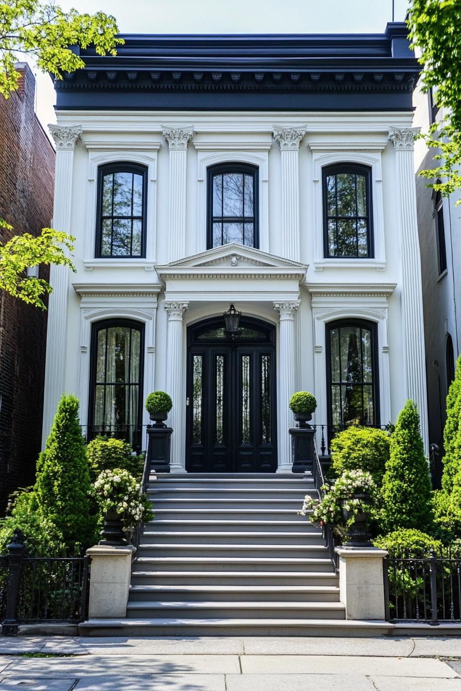 Front view of a neoclassical house with pillars and manicured greenery