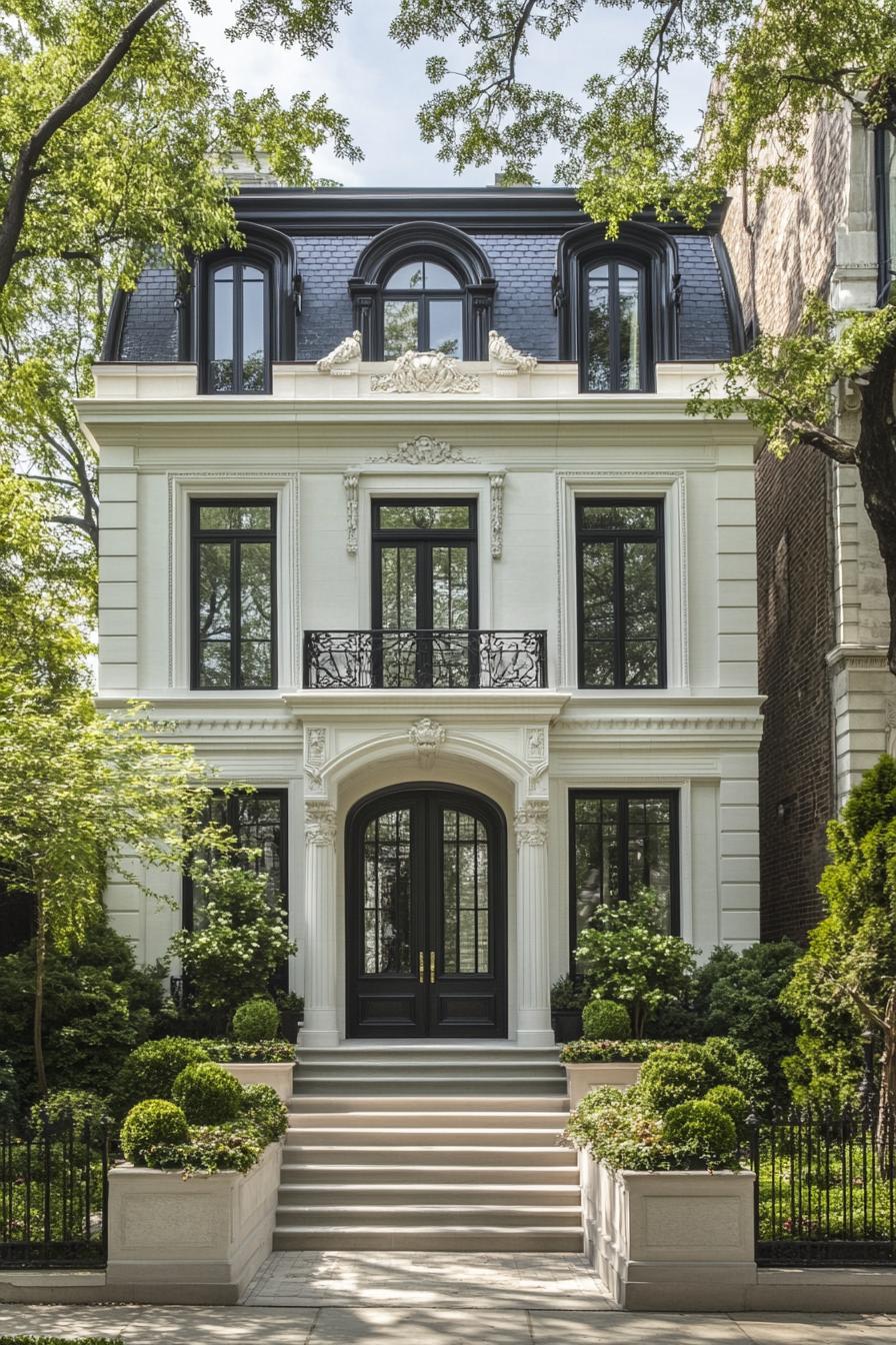 Classic neoclassical house with grand entrance and lush greenery