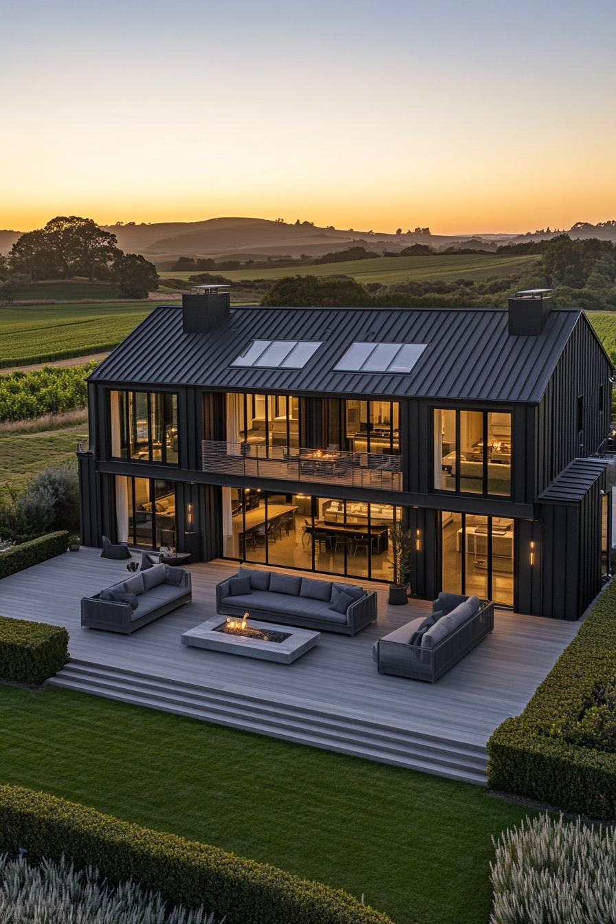 Expansive luxury farmhouse with sunset view