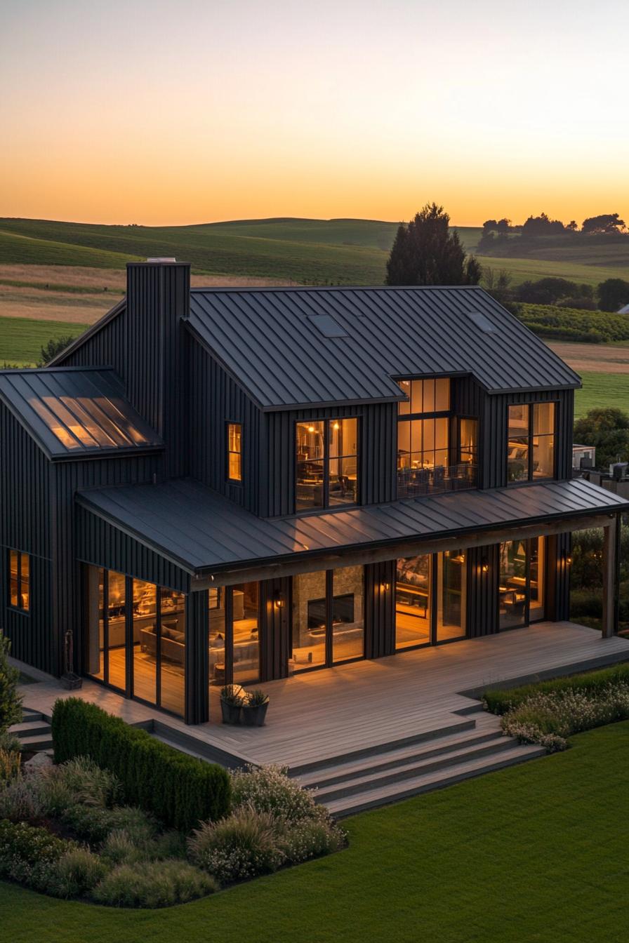 Modern farmhouse with large windows at sunset