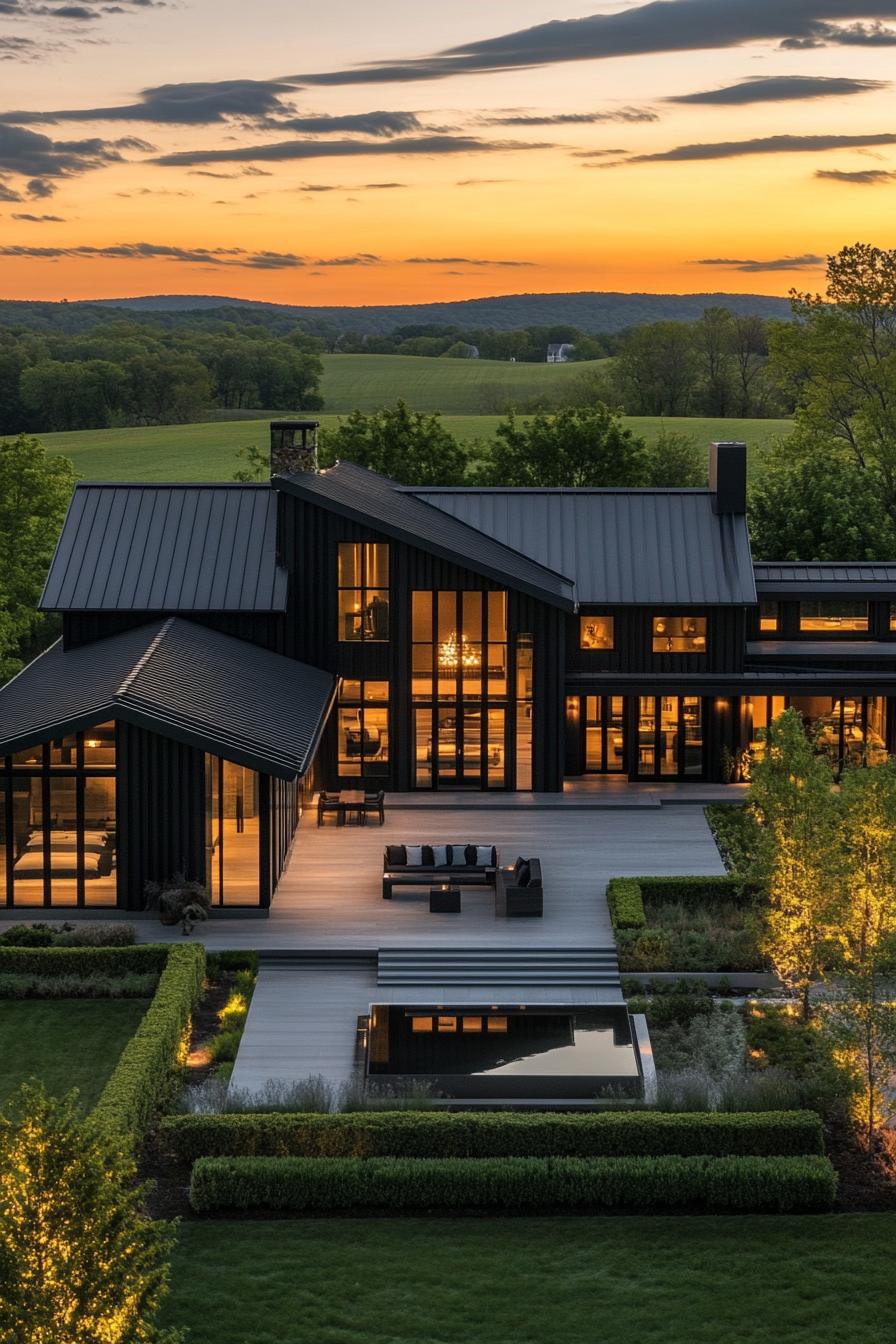 Luxury farmhouse illuminated at sunset