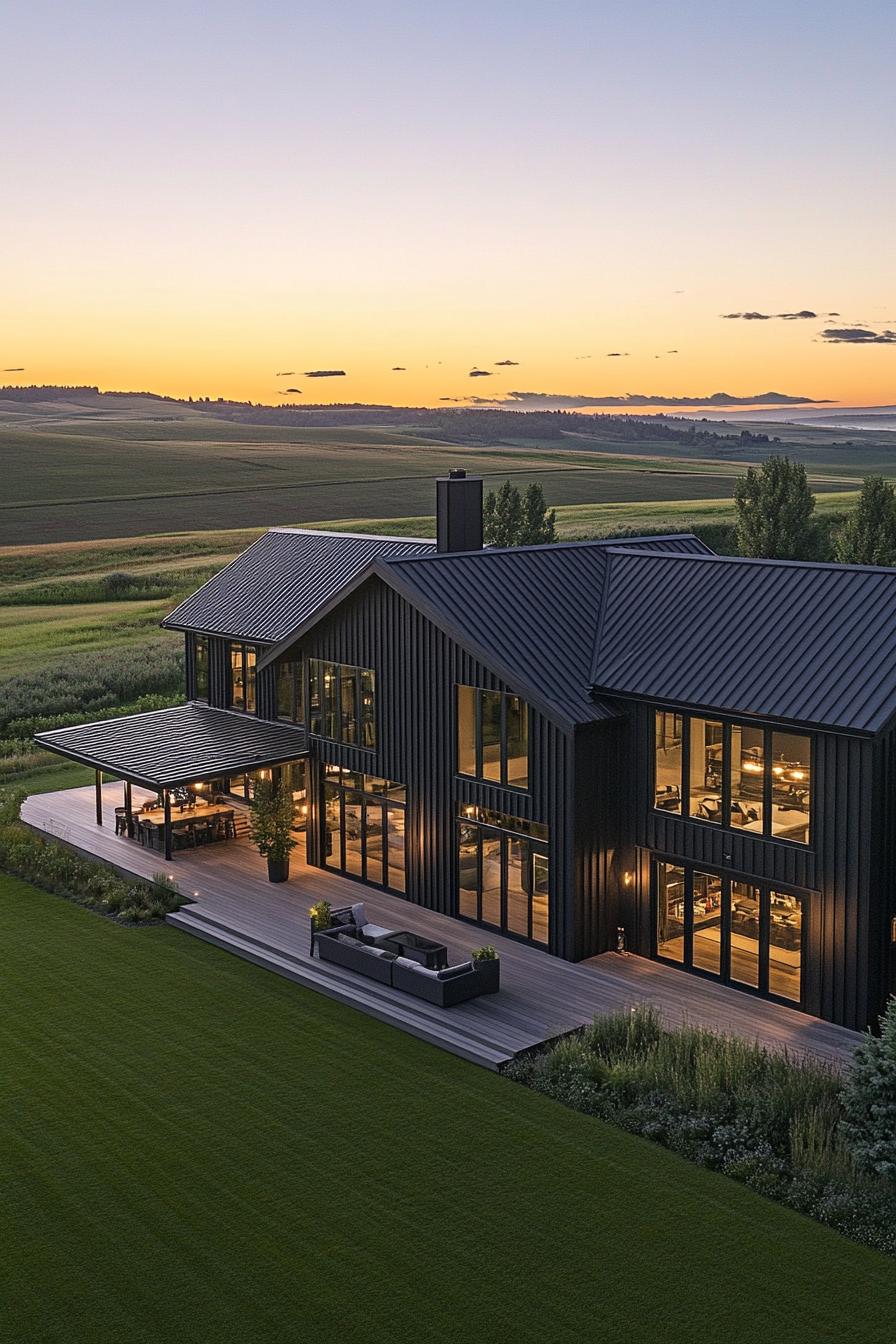 Modern farmhouse with a sunset backdrop