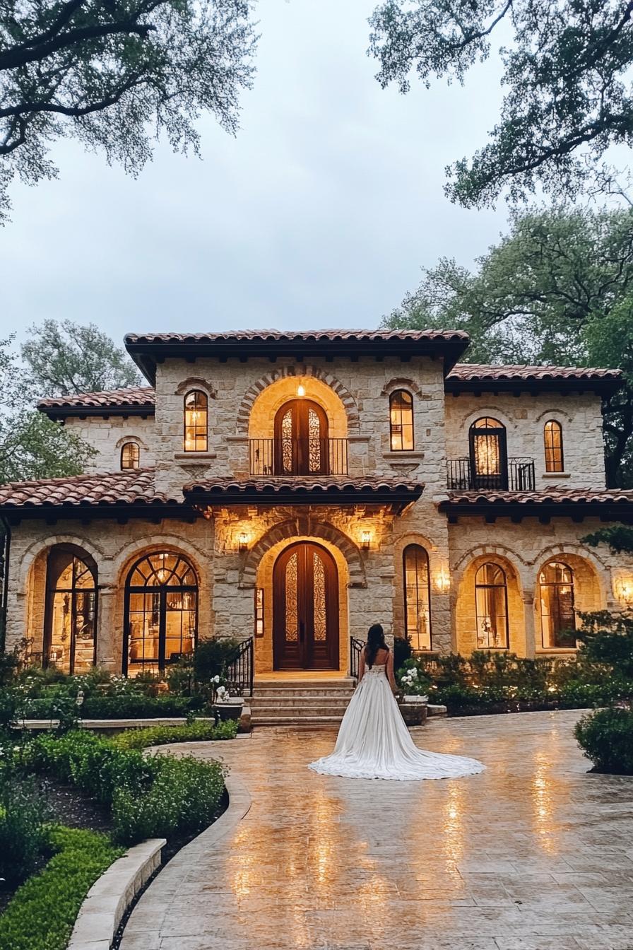 Charming stone villa with glowing lights at dusk