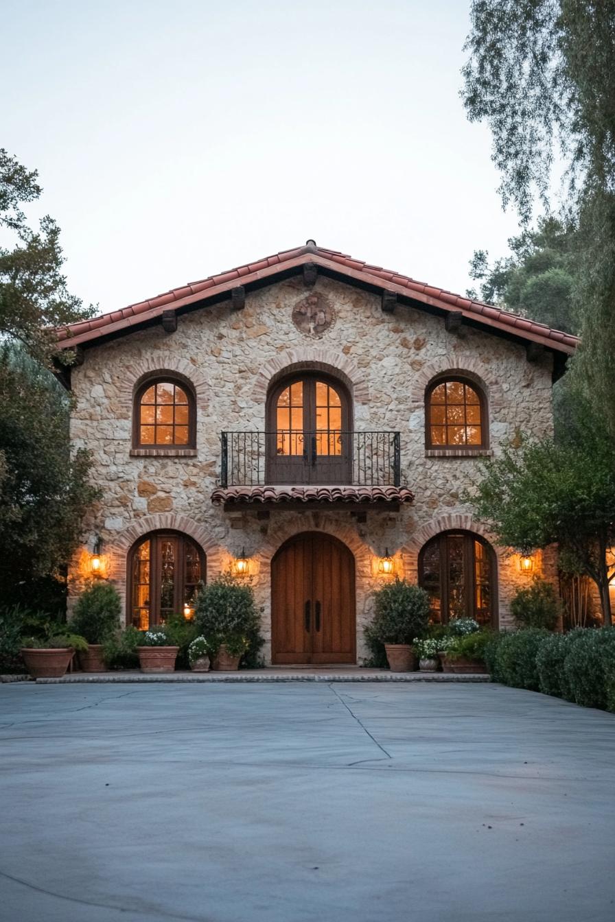 Tuscan stone house with arched windows and terracotta roof