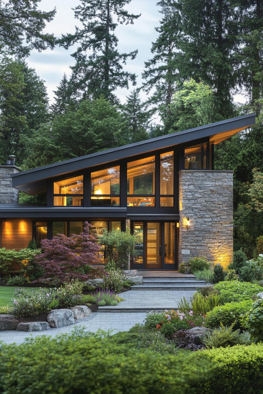 Modern house with tall windows and stone accents