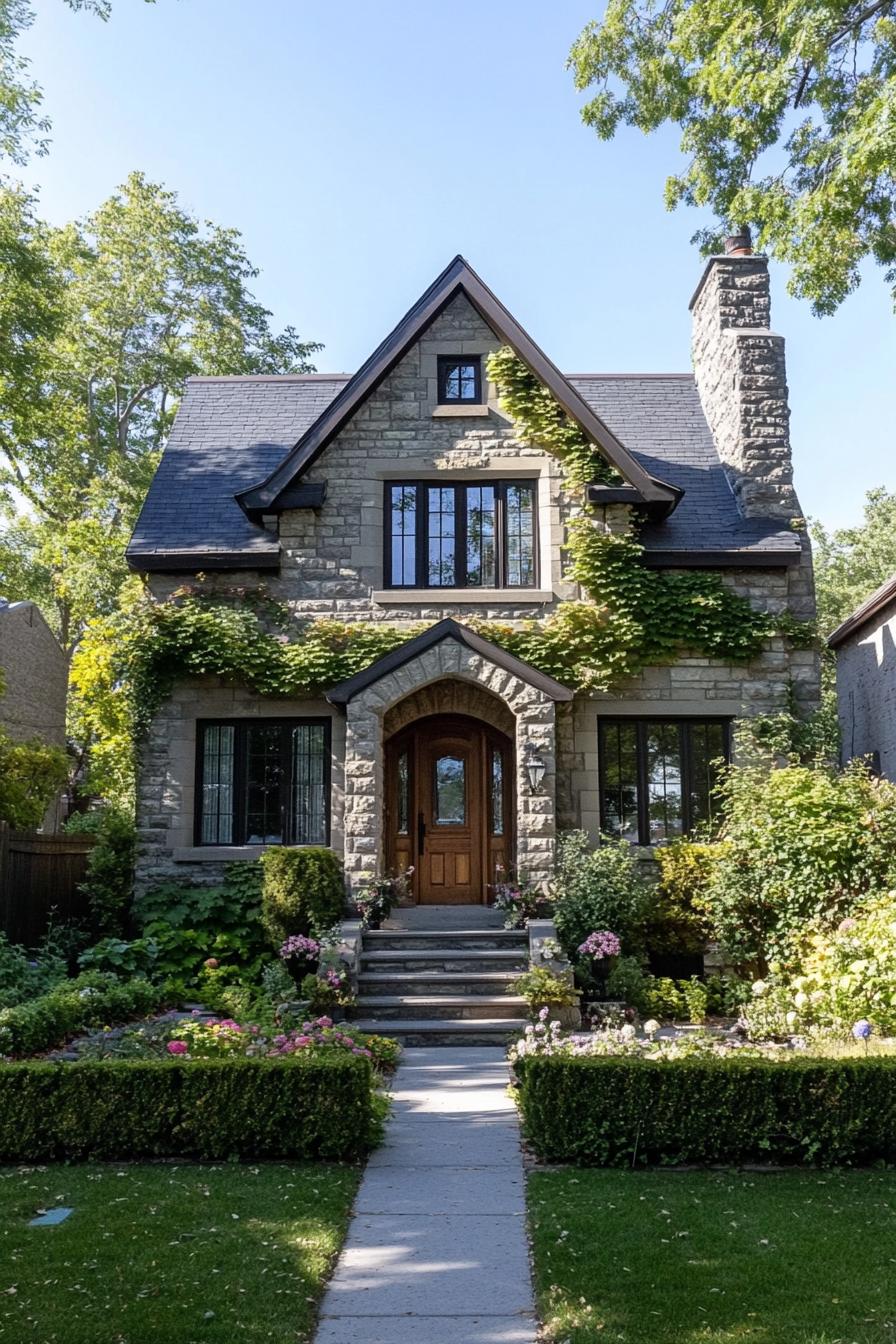 Charming stone house with lush greenery and elegant entrance