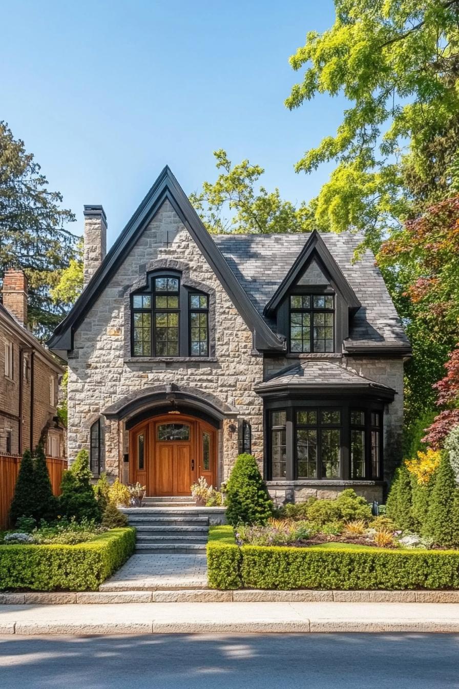 Charming stone house with lush garden and arched doorway