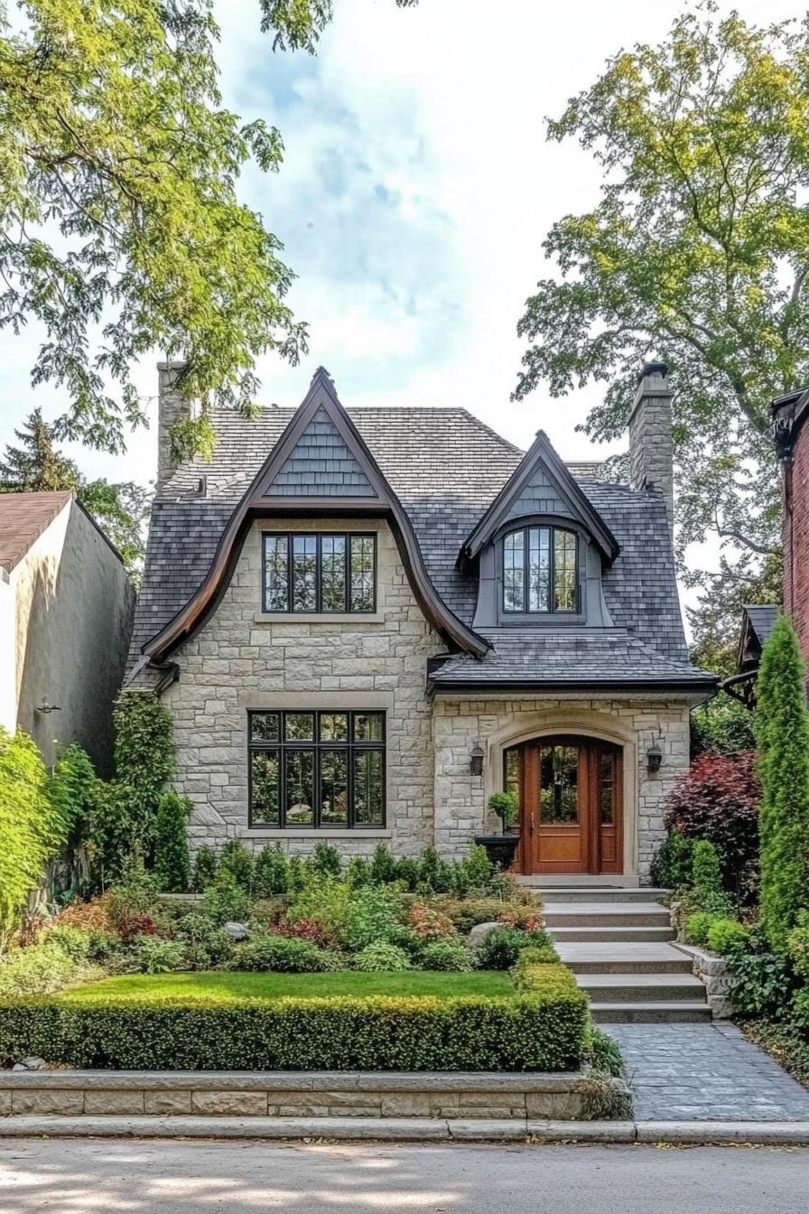 Charming stone house with gabled roof and lush garden