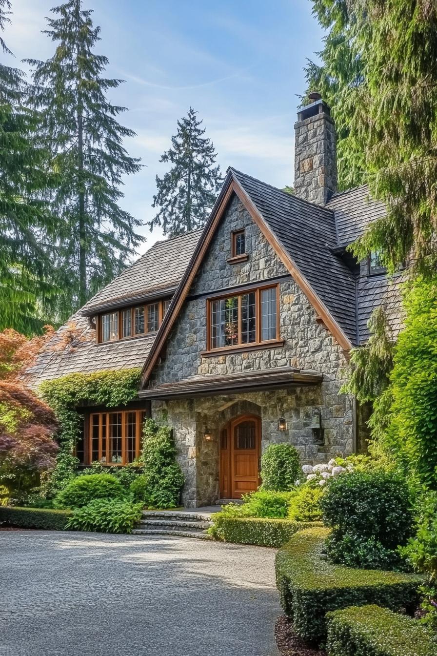 Charming stone house with peaked roof and lush greenery